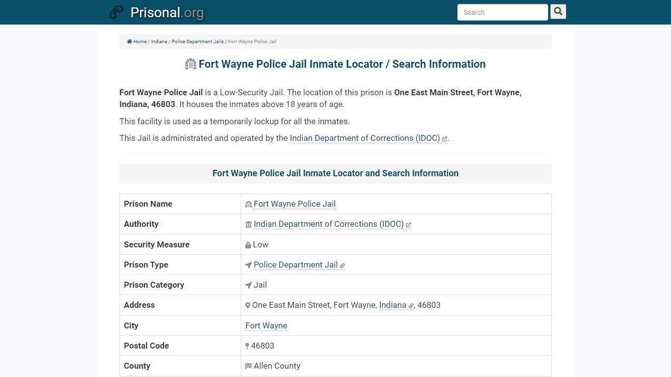 Fort Wayne Police Jail-Inmate Locator/Search Info, Phone ...